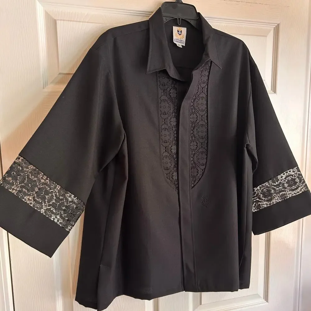 Vintage Black Lace Panel Hawaiian Shirt Sheer 3/4 Sleeve Men’s XL -